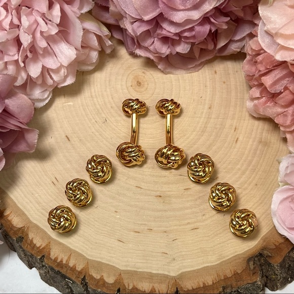 ‘Tying the Knot’ Gold Knotted Cufflinks Tuxedo Studs Formal 8 Pcs Set - Picture 5 of 17